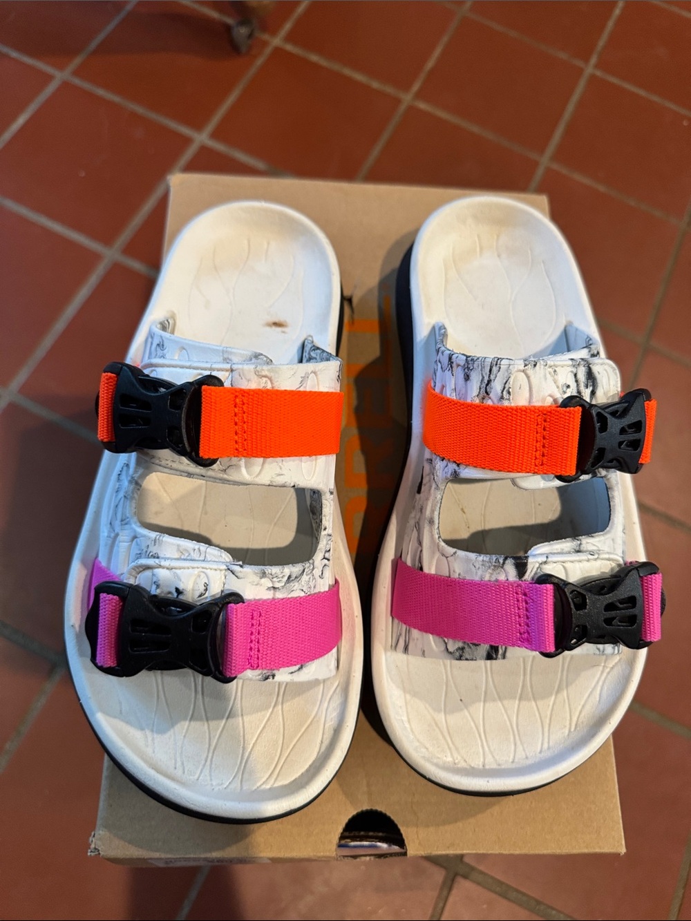 Merrell Marble-Print Slide Sandals with Pink & Orange Straps